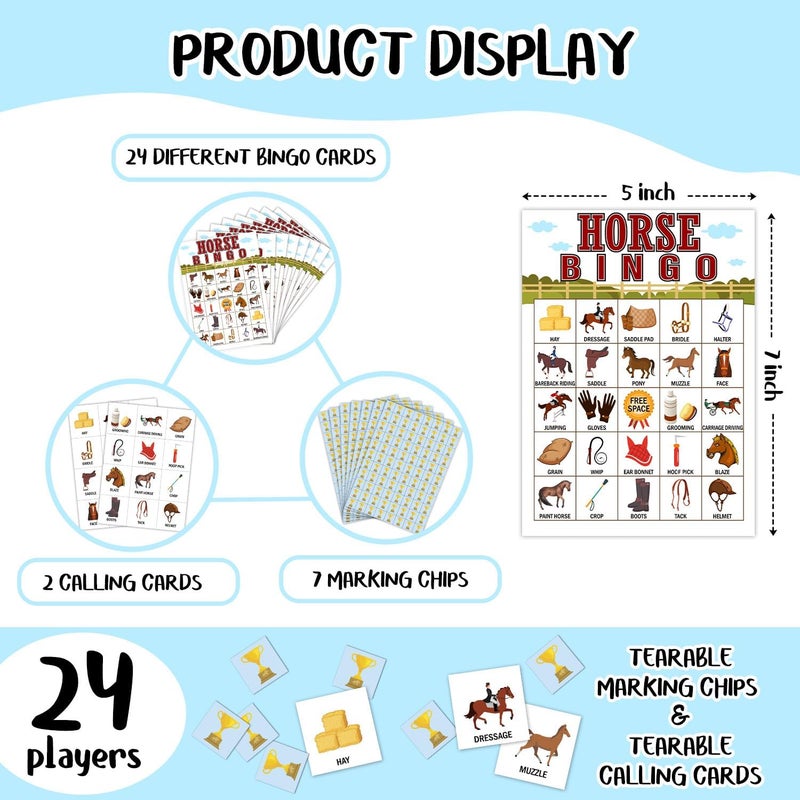 Qssfdgg Horse Farm Bingo Cards, 24 Player Pony Party Bingo Game for Family Adult, Cowgirl Cowboy Party Favor, Large Group Party Celebration Activity -05 - Image 2